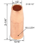 Close-up of copper gas nozzle 21-50 from 0.035 Inch MIG Welding Gun Accessory Kit With 20 Contact Tips 11-35, 2 Gas Nozzles 21-50, And 2 Gas Diffusers 35-50 For Common MIG Weld Guns Replacement Tips Nozzles Diffusers