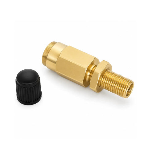 Twin Pack Schrader Valve for One Quarter Inch Air Line Tubing with Push To Connect PTC 200 PSI DOT Approved Air Inflation Valve for Semi Truck Trailer Tractor Air Springs and Suspension brass valve with cap