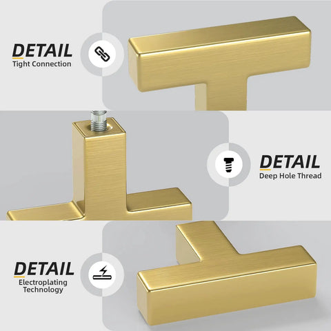 Brushed Brass Cabinet Knobs And Single Hole Drawer Pulls, 2 Inch Length, 10 Pack, With Screws Included In 1 Inch And 1.77 Inch For Cabinets And Furniture, Easy Install. Close-up of brushed brass T-shaped cabinet knob with screw thread detail