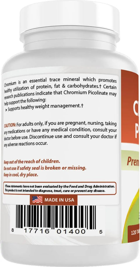 Straight Up Premium Chromium Picolinate 1000 Mcg Tablets For Solid Blood Sugar And Metabolism Support Non Gmo Gluten Free Formula 120 Count back label showing ingredients and caution.