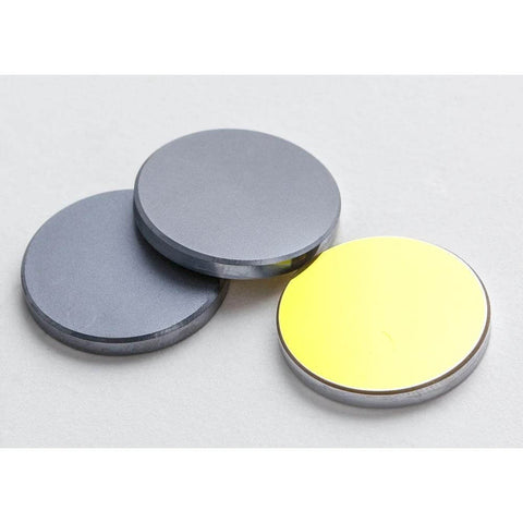 Front view of 25mm laser mirrors with gold-plated reflective surface; set of 3 for CO2 laser engraving and cutting.