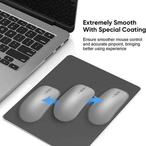 Double Sided Aluminum Mouse Pad for Gaming and Office Use, 9.45 by 7.87 Inches, shown under laptop with graphic design.