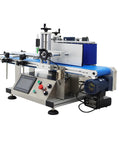 Top Shelf Automatic Labeling Machine For Round Bottles Hella Fast Labeler with blue conveyor and control panel.