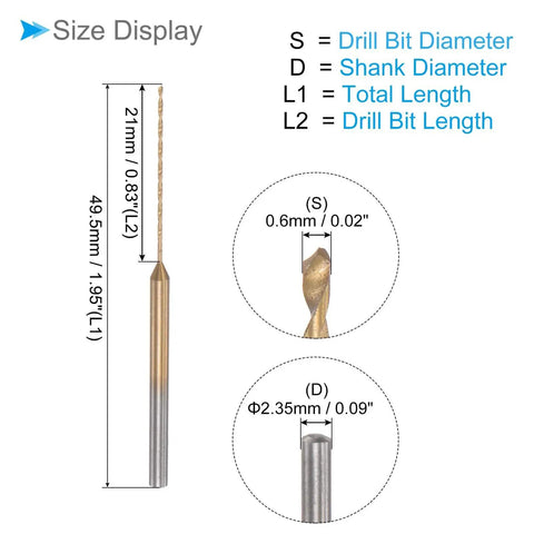 Mini Drill Bit Set 0.6mm Diameter With 2.35mm Shank Titanium Coated Micro Engraving Bits size display illustration