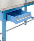 Heavy Duty Shop Beast 72X30 Industrial Workbench With Storage Drawer And Upright Shelf, Blue features locked storage drawer.