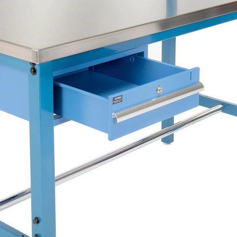 Heavy Duty Shop Beast 72X30 Industrial Workbench With Storage Drawer And Upright Shelf, Blue features locked storage drawer.