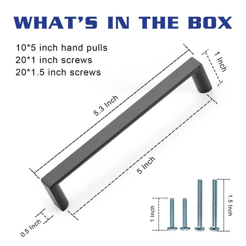 Sleek Five Inch Matte Black Cabinet Handles And Drawer Pulls For A Total Kitchen Glow Up With Solid Zinc Alloy Construction And 128 mm Center Spacing Fits Dressers Cupboards And Wardrobes Perfectly Includes Ten Pieces with included screws.