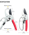 German Made Pruning Shears For Precision Cutting Heavy Duty Hand Pruners With Ergonomic Grip and sharp blades, detailed dimensions shown
