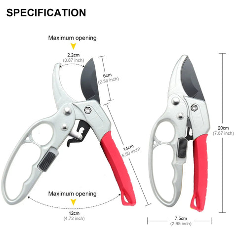 German Made Pruning Shears For Precision Cutting Heavy Duty Hand Pruners With Ergonomic Grip and sharp blades, detailed dimensions shown