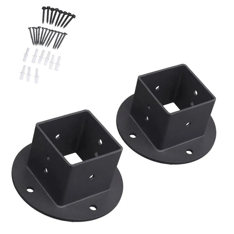 Heavy Duty Metal Post Base Anchors For Fence Railings Privacy Panels Gazebos Pergolas And Mailbox Brackets Built To Last For Backyard Projects And Pro Contractors, showing two square metal bases and screws included.