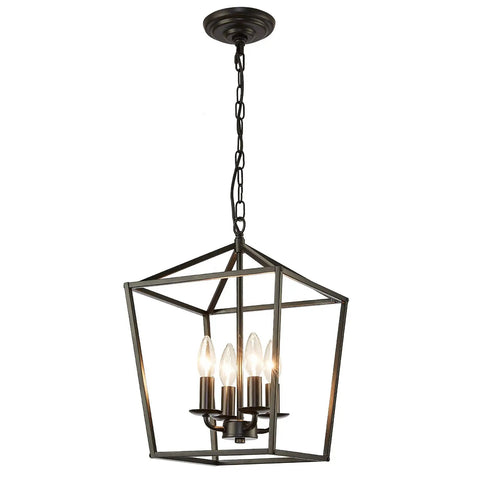 Four Light Black Farmhouse Chandelier With Industrial Metal Cage Adjustable Height Rustic Hanging Light With E12 Base