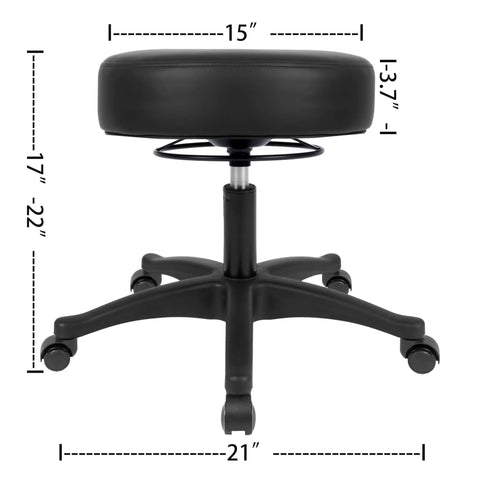 Heavy Duty Adjustable Stool With Self Braking Casters That Lock Tight When Leaning Plus Ultra Comfy High Density Foam with measurements.
