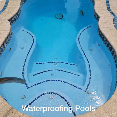 Heavy Duty Liquid Waterproofing Membrane Kills Leaks And Stops Cracks Cold On Roofs Decks And Bathrooms Top Shelf Coating For Wood Metal Masonry Tile Base Crystal Clear Shield Tough As Nails Crafted In Usa One Gallon Jug applied to a modern pool.