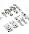 Heavy Duty Sliding Door And Window Latch Kit Includes Five Premium Spring Loaded J108B Hasp Catches Made From Mild Steel For Secure Cabinet Box Hardware Installation That Keeps Everything Locked Tight And Ready To Go, five silver latches