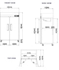 Technical drawings of Heavy Duty Two Door Reach In Refrigerator With 49 Cubic Feet Of Cold Storage And Brushed Stainless Finish.