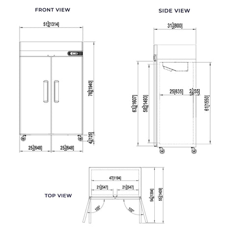 Technical drawings of Heavy Duty Two Door Reach In Refrigerator With 49 Cubic Feet Of Cold Storage And Brushed Stainless Finish.