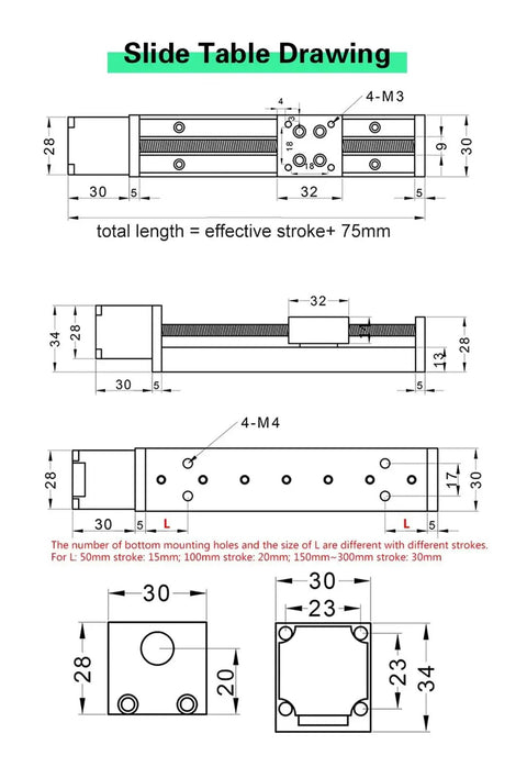 Technical drawing of Smooth Rock Solid Linear Bearing CNC Sliding Table Rail XY Stage Kit dimensions and specifications.