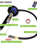 FlowPro 2.0 Digital Tire Inflator With Pressure Gauge 200 PSI and included components: air chuck, gauge, batteries, hose, thread seal tape.