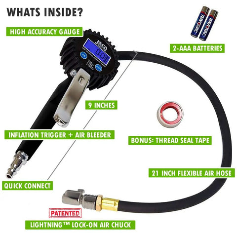 FlowPro 2.0 Digital Tire Inflator With Pressure Gauge 200 PSI and included components: air chuck, gauge, batteries, hose, thread seal tape.