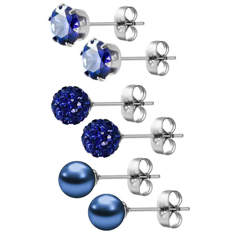Blue Stud Earrings Set For Women, Three Pairs Featuring Sparkling Cubic Zirconia Rhinestones, Luminous Faux Pearl, And September Birthstone Bling, Stainless Steel Posts, Hypoallergenic, Perfect For Daily Wear Or Parties. six blue stud earrings
