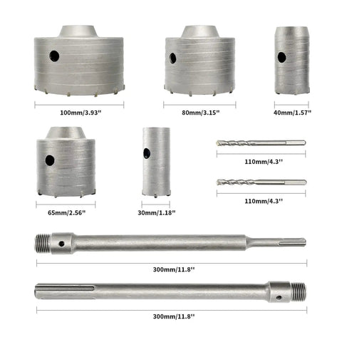 9 Piece Concrete Hole Saw Kit Heavy Duty With Tungsten Steel Core Bits For SDS Plus And SDS Max Shanks Diamond Core