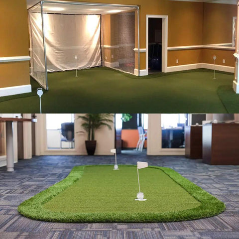 Putting Green Golf Mat 6x10 Ft Indoor Outdoor Synthetic Grass Turf For Home Practice And Training scene showing indoor setup