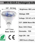 Six Pack MR16 Halogen Bulbs 50W 12V GU5.3 Base, 800 Lumens, 2800K Warm White, clear glass, specifications detail view