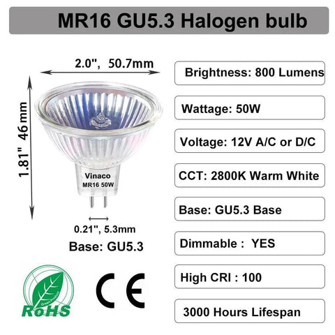 Six Pack MR16 Halogen Bulbs 50W 12V GU5.3 Base, 800 Lumens, 2800K Warm White, clear glass, specifications detail view