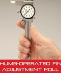 Hand holding Fractional Dial Calipers With White Face 0 To 6 Inch Range Ultra Accurate To 0.002 Inch 0.010 Inch Graduation One Hand Fine Adjustment Direct Reading Includes Plastic Case.