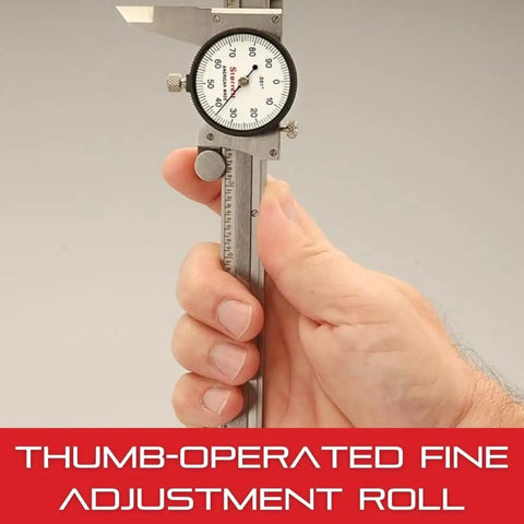 Hand holding Fractional Dial Calipers With White Face 0 To 6 Inch Range Ultra Accurate To 0.002 Inch 0.010 Inch Graduation One Hand Fine Adjustment Direct Reading Includes Plastic Case.