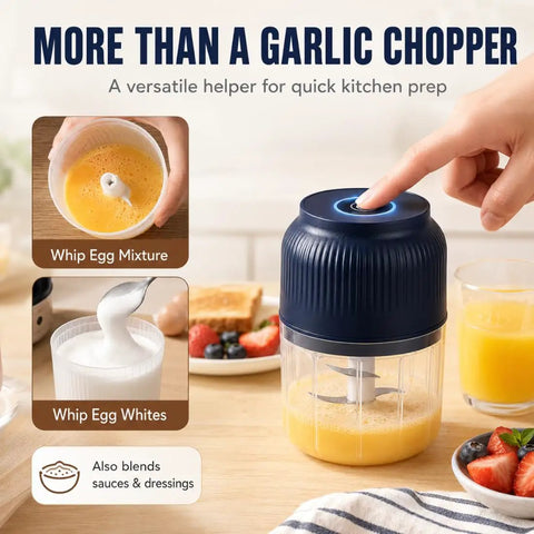 Cordless Electric Garlic Chopper And Mini Food Processor 400Ml Blue With Six Stainless Steel Blades Quick Chopping For Onions Ginger Herbs Easy Meal Prep Handheld Kitchen Gadget No Mess Recipe Helper in use for whipping eggs.