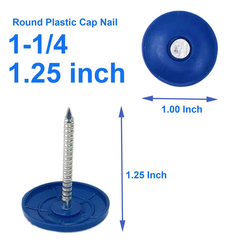 Legit Heavy Duty Plastic Cap Roofing Nails 1 1/4 Inch Electro Galvanized Shingle Fasteners close up of a round blue cap nail.