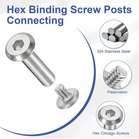 Hella Tough 304 Stainless Steel Chicago Screws With Hex Socket Cap Bolts For Scrapbook Leather Crafts And Furniture Repair Metal Binding Post Hardware Set In Polished Silver Finish, showing hex screws for binding.