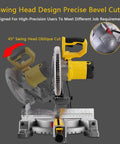 Professional Sliding Miter Saw Built Different For Smooth Panel Cuts And Rock Solid 1800 Watt Power, showing 45° swing head design for precise bevel cuts.
