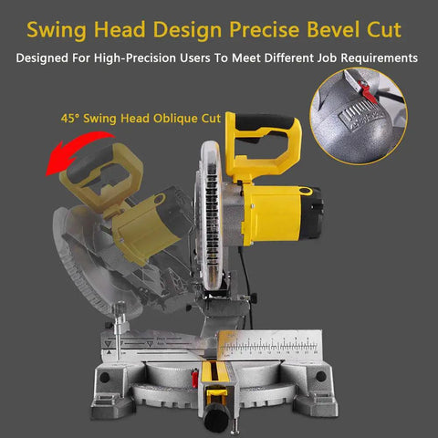 Professional Sliding Miter Saw Built Different For Smooth Panel Cuts And Rock Solid 1800 Watt Power, showing 45° swing head design for precise bevel cuts.