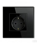 Rock Solid Eu Wifi Smart Socket With Slick Tempered Glass Panel for heavy duty appliances in sleek black design.