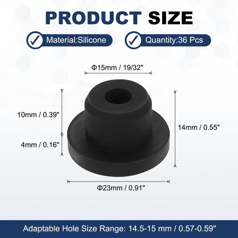 36 Pack T Shaped Silicone Plugs For 14.5 To 15 Mm Holes 15.3 Mm Diameter 19 32 Inch Snap In Hole Seals with dimensions