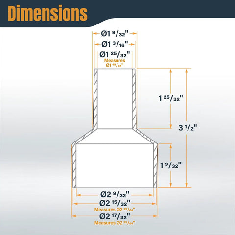 Diagram of Two And A Half To One And A Quarter Inch Dust Hose Reducer For Dust Collection Systems with measurements