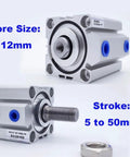 Top Shelf Heavy Duty Double Acting Pneumatic Air Cylinder And SDA Series 12mm Bore With 45mm Stroke And Male Thread Design, showing 12mm bore size and stroke range.