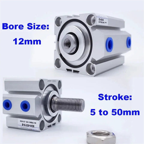 Top Shelf Heavy Duty Double Acting Pneumatic Air Cylinder And SDA Series 12mm Bore With 45mm Stroke And Male Thread Design, showing 12mm bore size and stroke range.