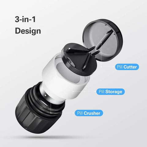 3 In 1 Pill Crusher And Cutter With Stainless Steel Grinding Head And Storage in exploded view showing cutter, storage, crusher