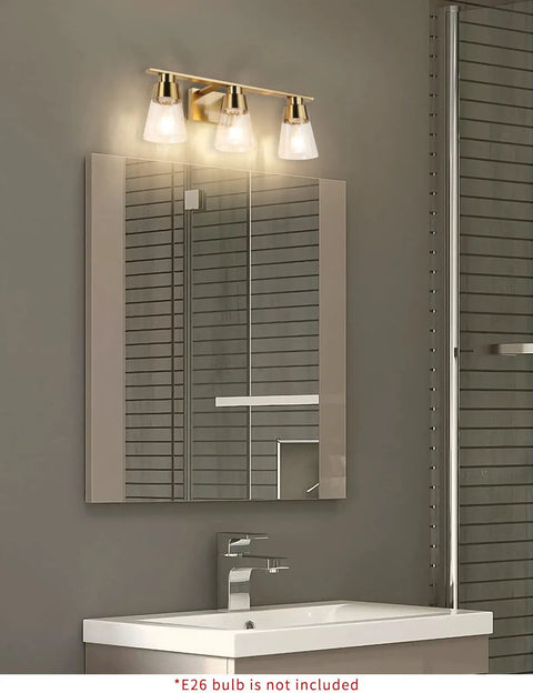 Three Light Bathroom Vanity Light Fixtures Modern Gold Wall Sconces With Seeded Glass Shade mounted above mirror