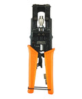 Coax Cable Crimping Tool Kit With 3 Adapters F BNC RCA Universal RG58 RG59 RG6 Cutter in orange, shown from front view.
