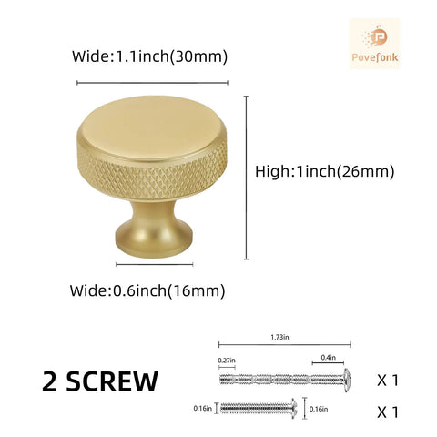 10 Pack Brushed Brass Kitchen Cabinet Knobs With Knurled Texture, 26mm x 30mm x 16mm, durable handles with screws for drawers.