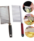 Two stainless steel wavy-blade potato cutters with black and red ergonomic handles for slicing vegetables.