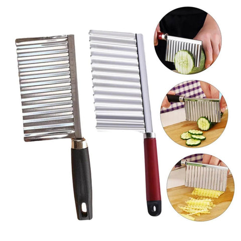 Two stainless steel wavy-blade potato cutters with black and red ergonomic handles for slicing vegetables.
