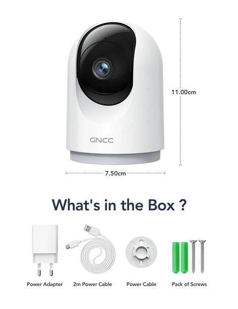 2K Indoor Security Cam Bundle 4-Pack with accessories, includes power adapter, cable, and screws, 360-degree motion detection