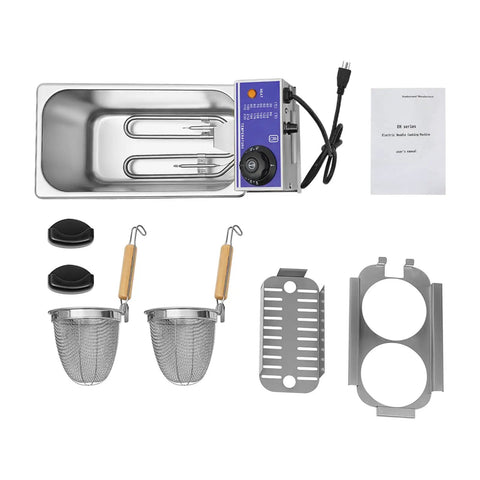 Two Hole Electric Noodle Cooker With Dual Baskets 110V 1200W stainless steel components and accessories displayed separately