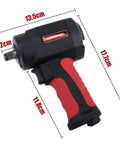 Heavy Duty 1/2 Inch Air Impact Wrench Pumping Out Badass Torque With Rock Solid Ergonomic Handle And Sweet Compact Mini Body side view with dimensions.