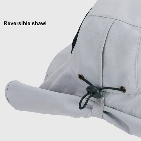 Close-up of Solar Powered Fan Hat With Detachable USB Solar Power, nylon fabric and reversible shawl detail in black.